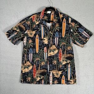 Aloha Republic Mens XL Hawaiian Shirt Black Surfboard Palm Tree Cotton Hawaii